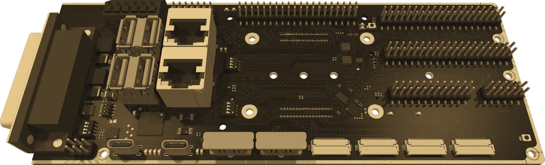 Render of the compute-module carrier board, black board and gold copper