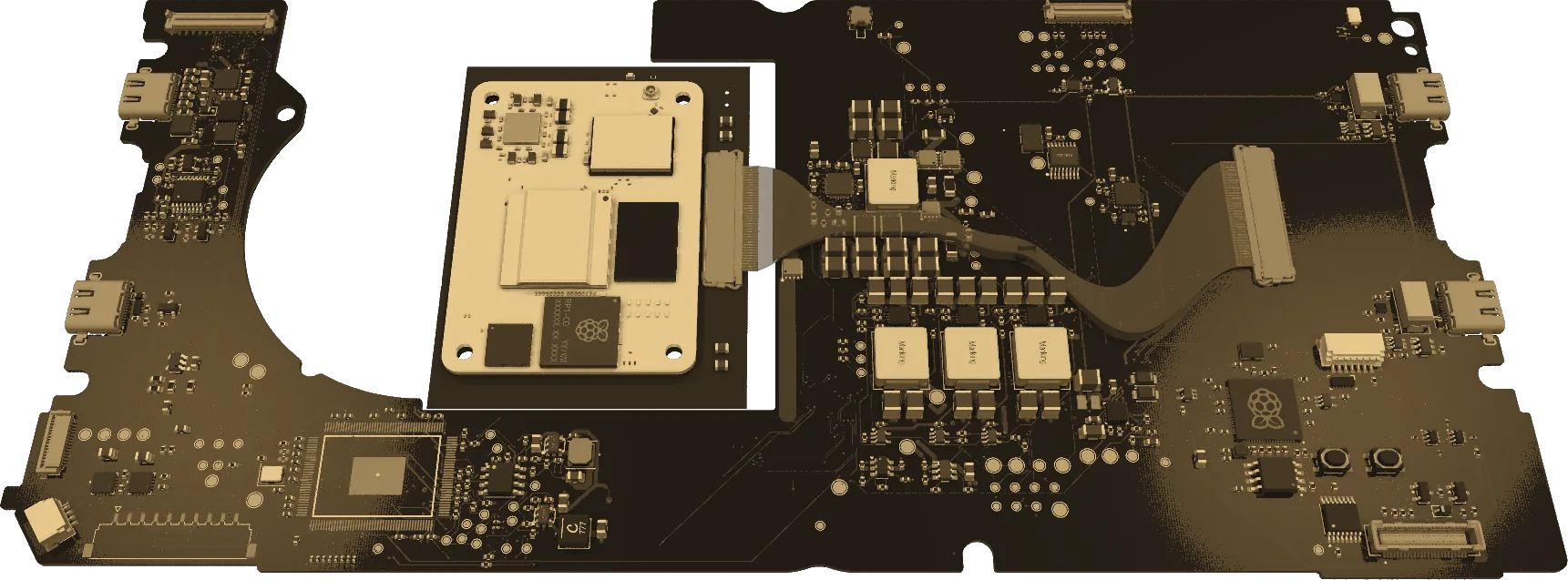 Render of the laptop mainboard, black board and gold copper